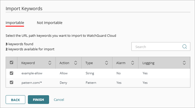Screenshot of the Importable tab of the Import Keywords page with the XML examples imported.
