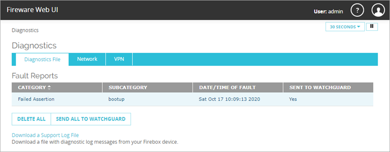 Screenshot of the local Fireware Web UI and fault reports for a cloud-managed Firebox