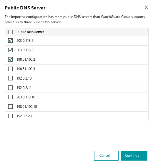 Screenshot of the Public DNS Server dialog box