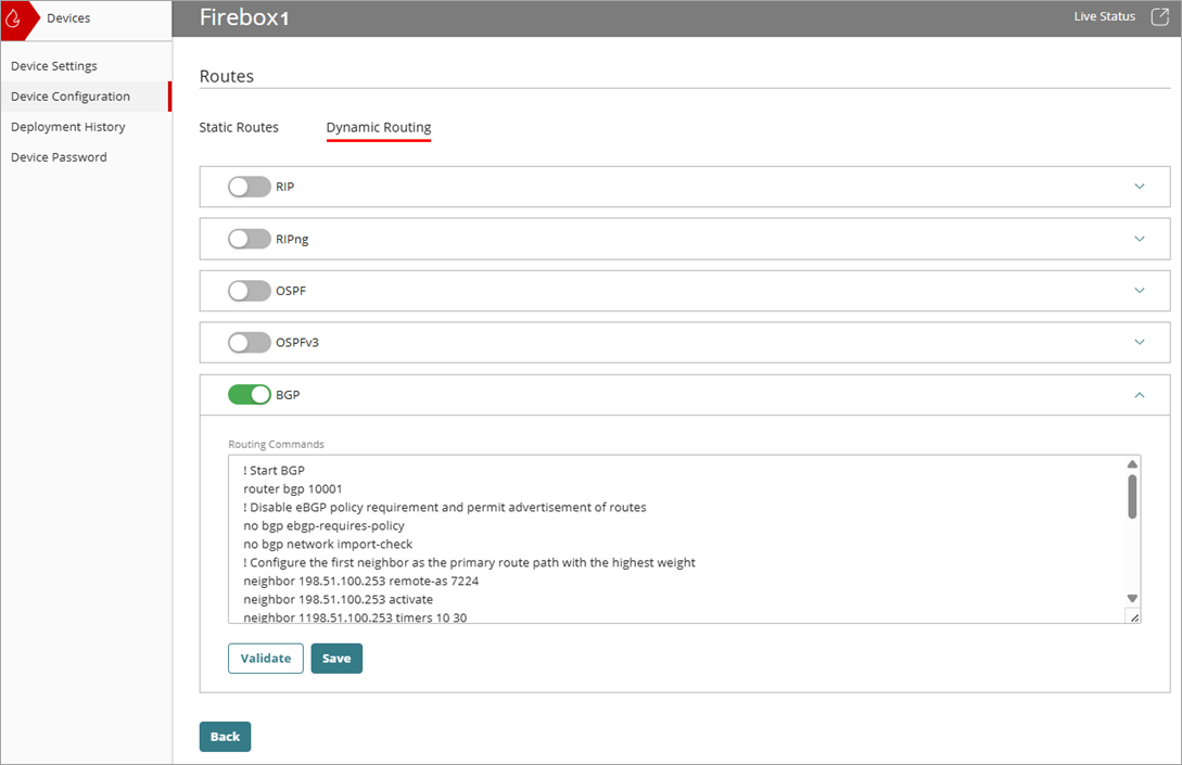 Screen shot of dynamic routing and enable a protocol with prepend.