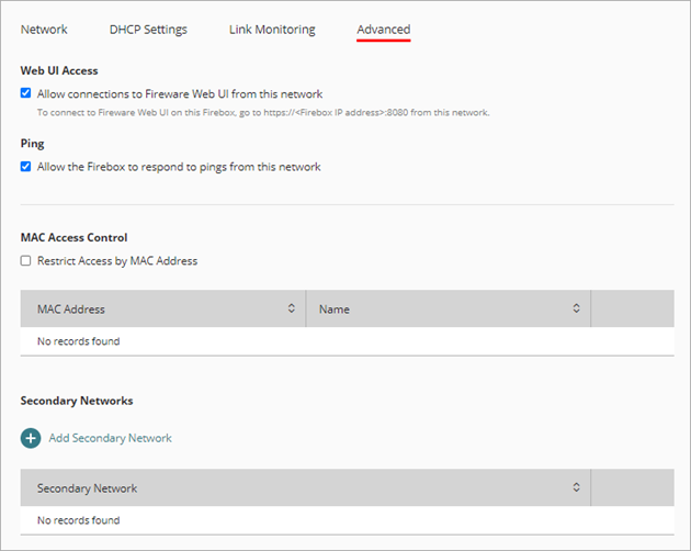 Screen shot of the Advanced tab for an internal network