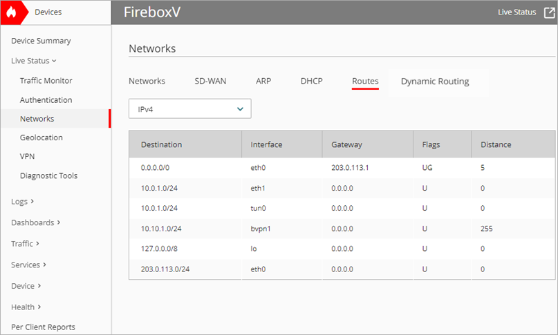 Screen shot of WatchGuard Cloud, Live Status, Networks Routes