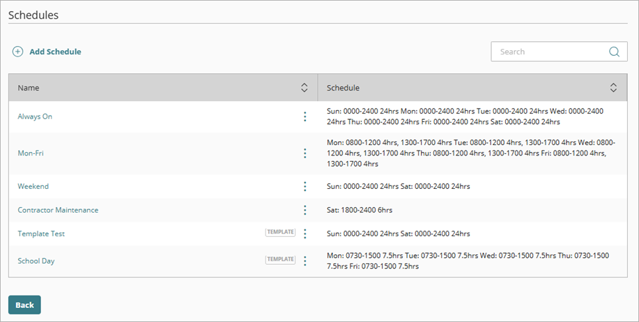 Screenshot of the Schedules page with a list of schedules