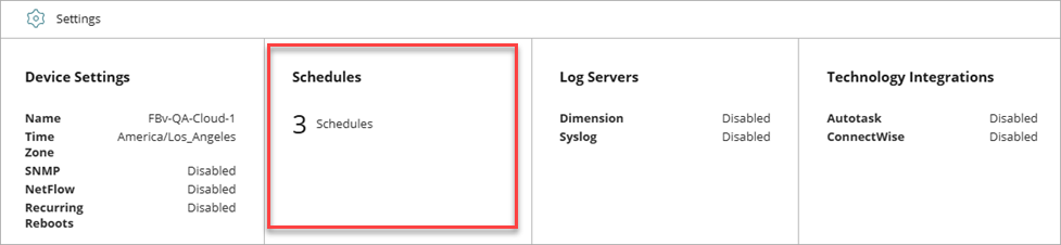 Screenshot of the Settings section in the Firebox Device configuration with the Schedules widget highlighted