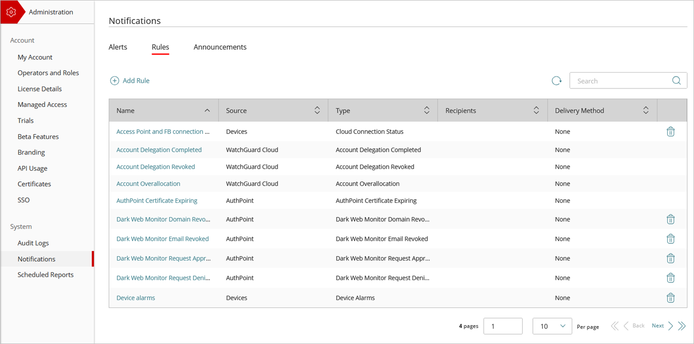Screen shot of the Notifications - Rules configuration page in WatchGuard Cloud