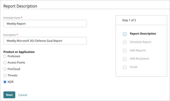 Add a Scheduled Report Wizard, Step 1 - Report Description