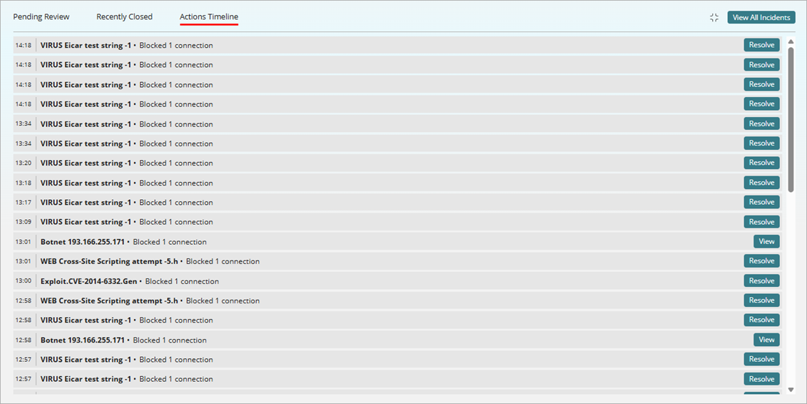 Screenshot of the expanded Actions Timeline tab.