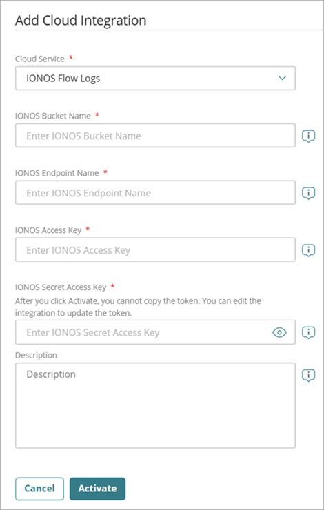 Screenshot of the Add Cloud Integration page for IONOS Flow Logs in the ThreatSync+ Integrations UI
