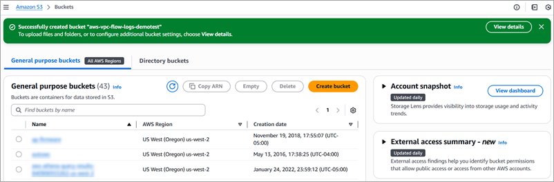 Screenshot of the created bucket in Amazon S3