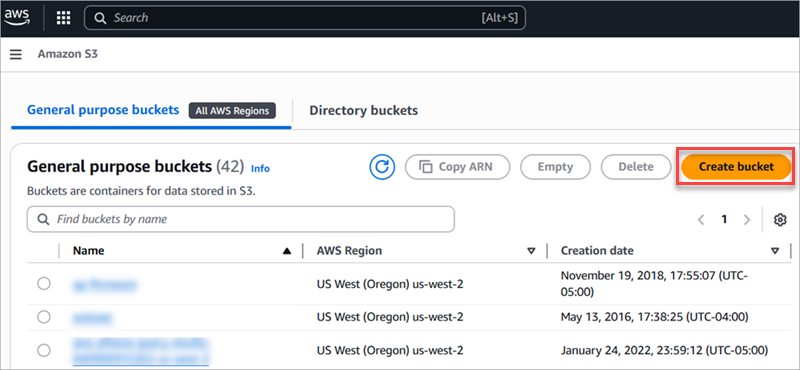 Screenshot of the Create bucket button in Amazon S3