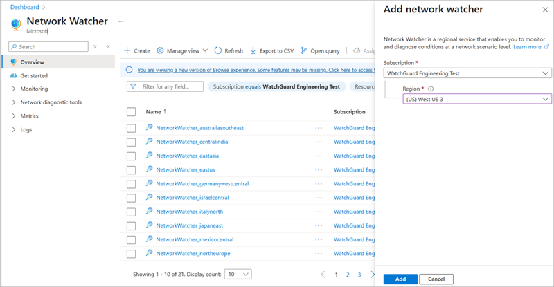 Screenshot of the Network Watcher page in the Microsoft Azure Portal