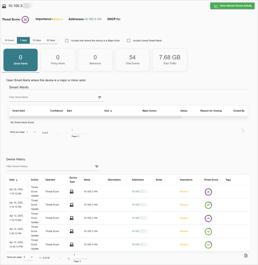 Screenshot of the Device Details page in ThreatSync+ NDR