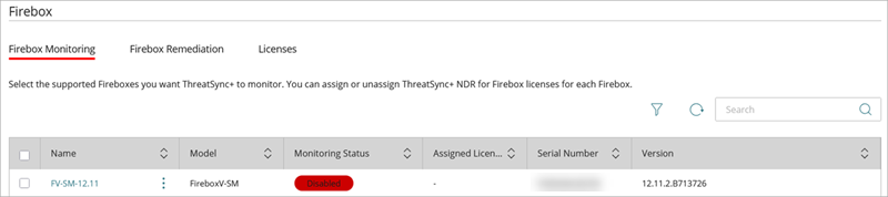 Screenshot of a disabled Firebox for ThreatSync+ NDR monitoring