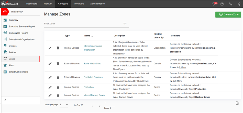 Screenshot of the Manage Zones page in ThreatSync+ NDR