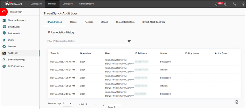Screenshot of the Network Audit Logs page in ThreatSync+ NDR