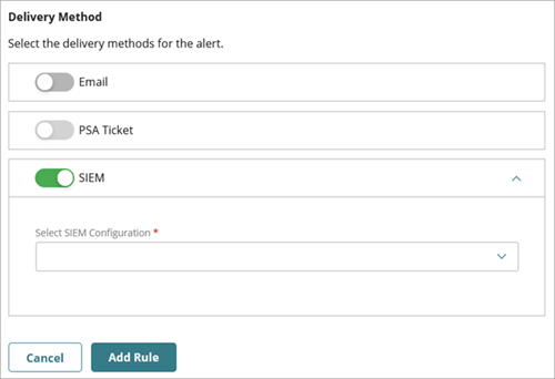 Screenshot of the Delivery Method section on the Notifications page in WatchGuard Cloud, SIEM toggle enabled