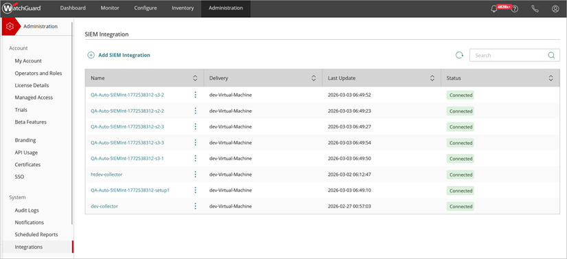 Screenshot of the SIEM Integration page in WatchGuard Cloud