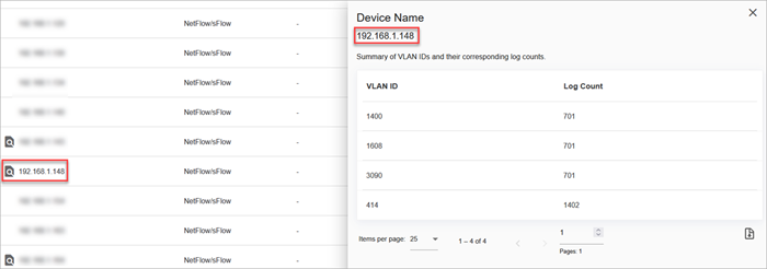 Screenshot of the Activity by Source Device table VLAN details side panel