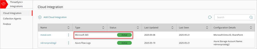 Screenshot of a successful cloud ntegration added to ThreatSync+ SaaS that shows the Active status