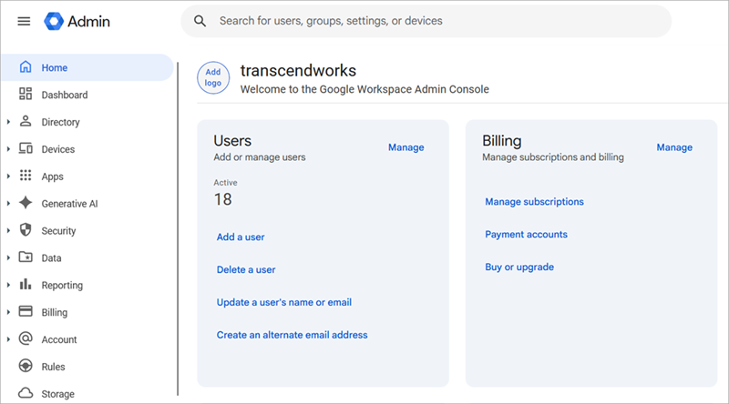 Screenshot of the Google Admin console Home page