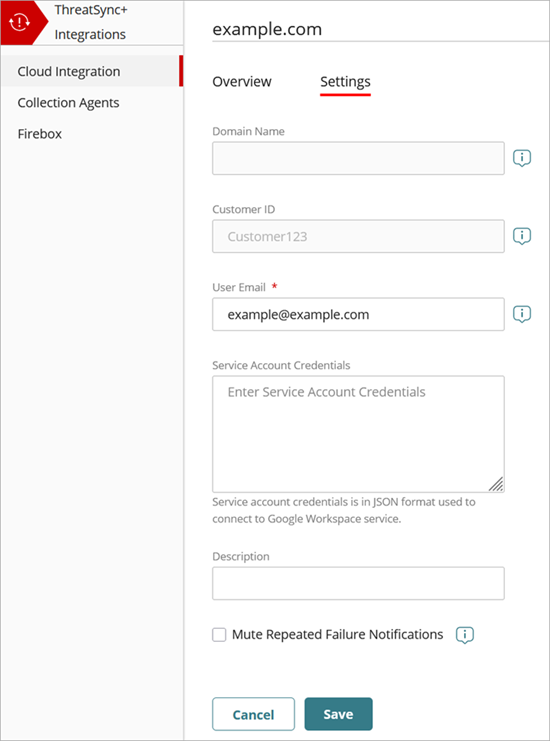 Screenshot of the Edit Cloud Integration page, Settings tab for a Google Workspace integration