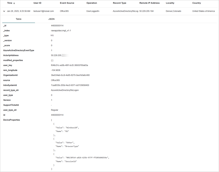 Screenshot of the Search Raw Logs details on the Search Raw Logs page in ThreatSync+ SaaS