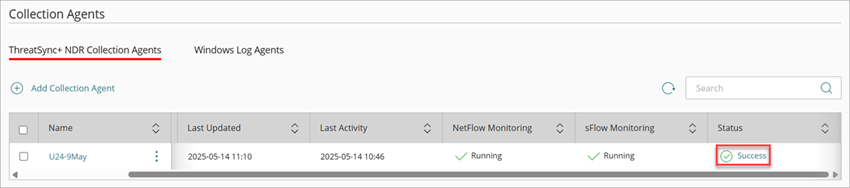 Screenshot of the Success status of the collector on the ThreatSync+ NDR Collection Agents tab