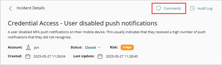 Screenshot of Incident Details page with Comments button highlighted