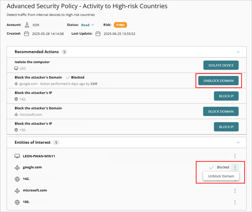 Screenshot of the Threat Details section showing the Stop button to stop a process or action