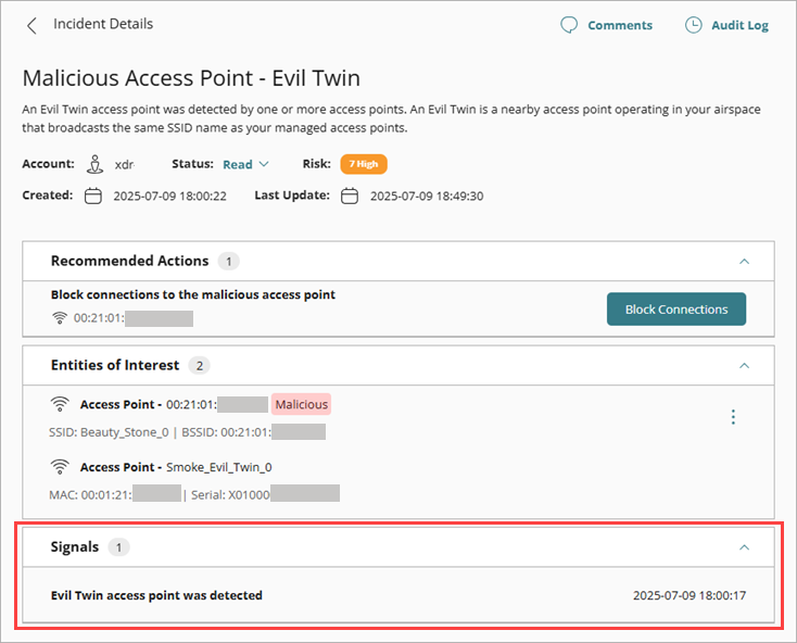 Screenshot of the Incident Details page with the Signals section highlighted.