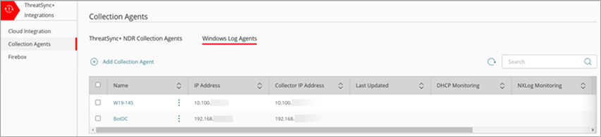 Screenshot of The Windows Log Agents tab on the Collection Agents page
