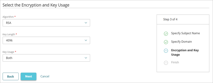 Screen shot of the Encryption and Key Usage page for a CSR