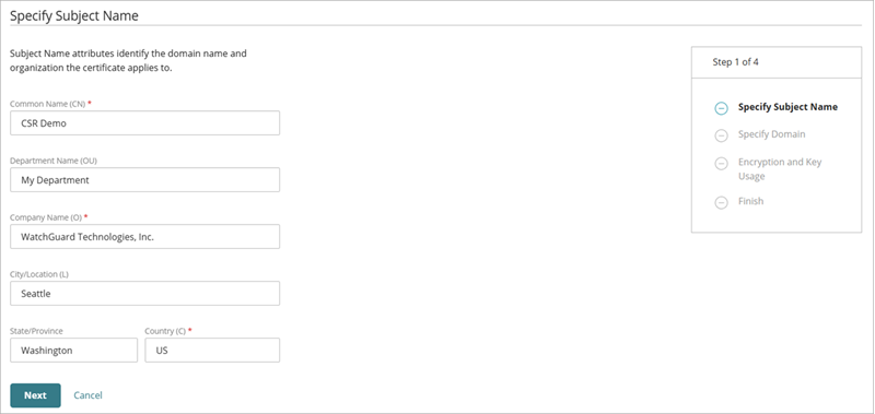 Screenshot of the Specify Subject Name page for a CSR, at device level