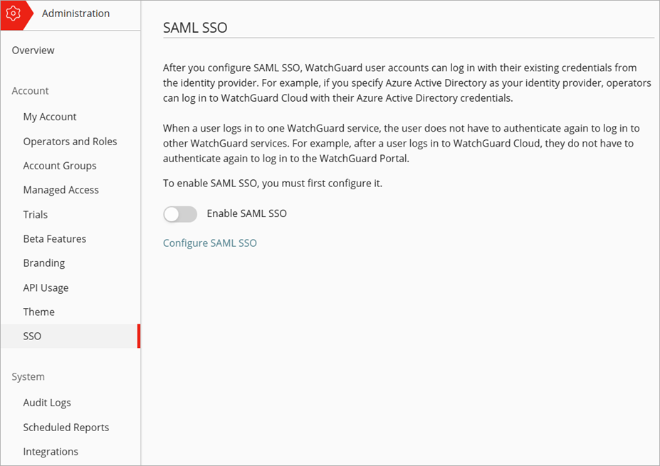 Screenshot of the SAML SSO page