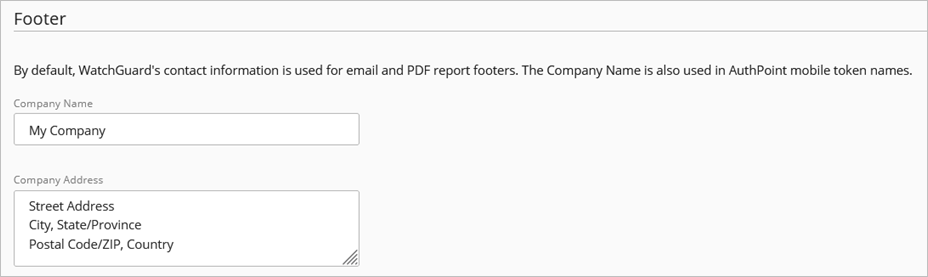 Screen shot of the Footer section on the WatchGuard Cloud Branding page