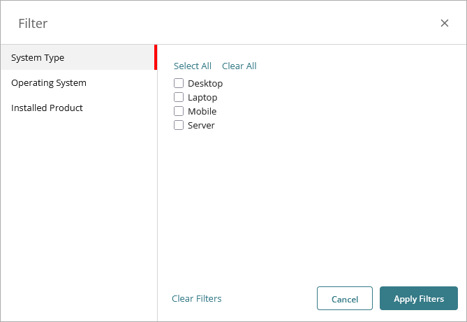 Screen shot of Filter dialog box, System Type