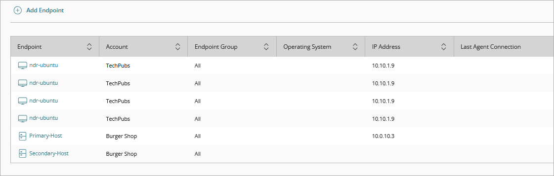 Screen shot of Add Endpoints page