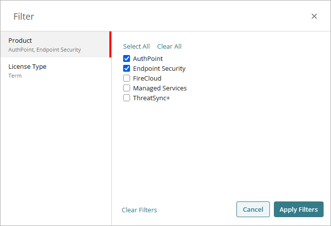 Screen shot of Filter dialog box for Allocation and Usage Report in WatchGuard Cloud