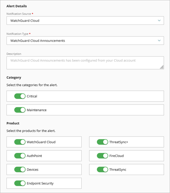 Screen shot of WatchGuard Cloud notification rule Announcements options