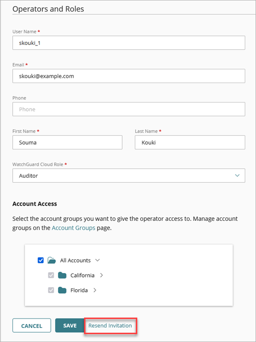 Screenshot of operator settings resend invitation link