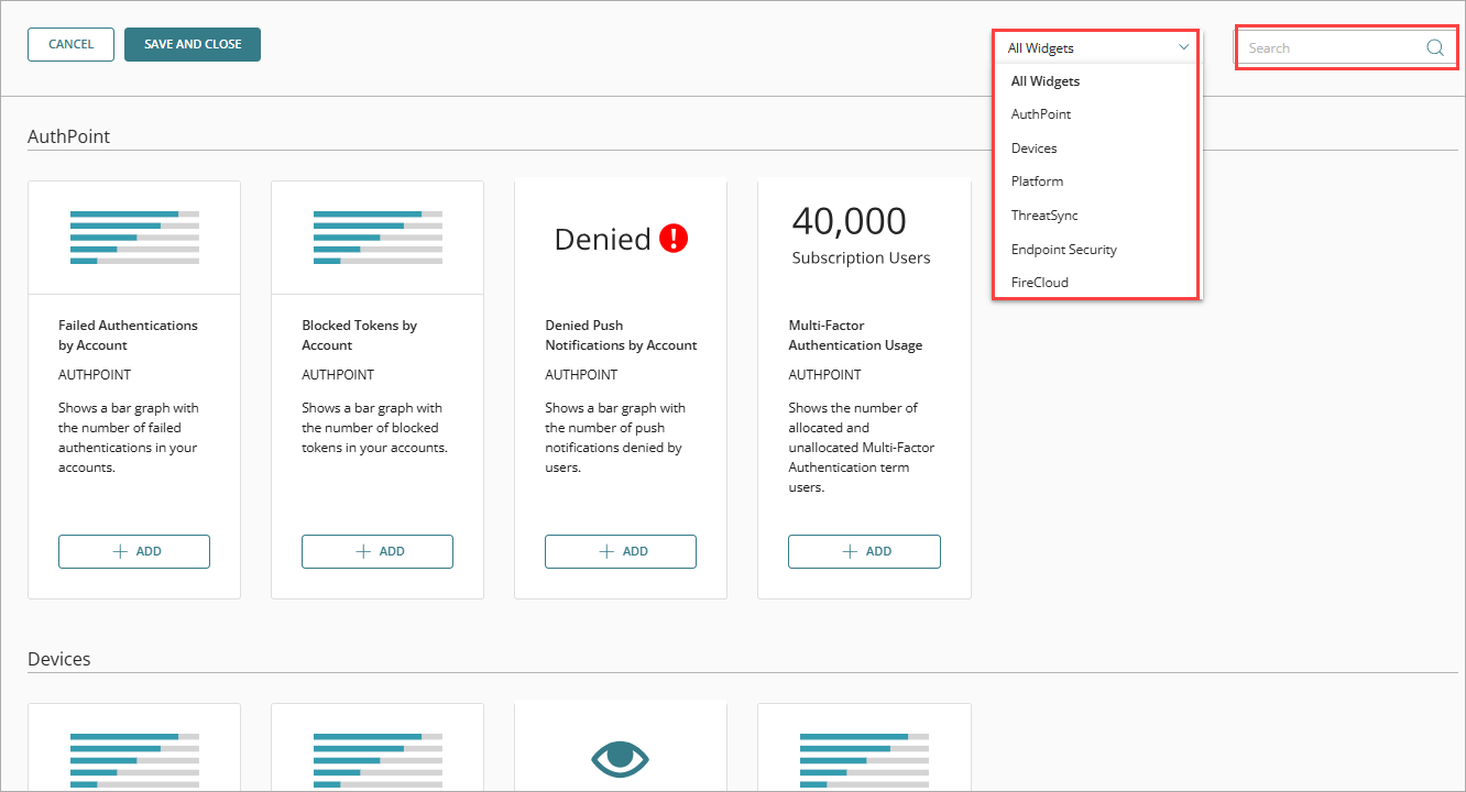 Screen shot of WatchGuard Cloud SP Widget Catalog