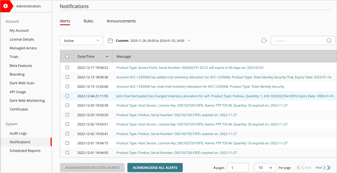 Screenshot of the Notifications configuration page in WatchGuard Cloud