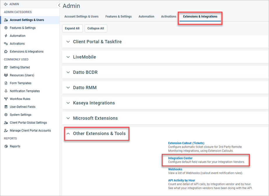 Screen shot of the Extensions and Integrations tab