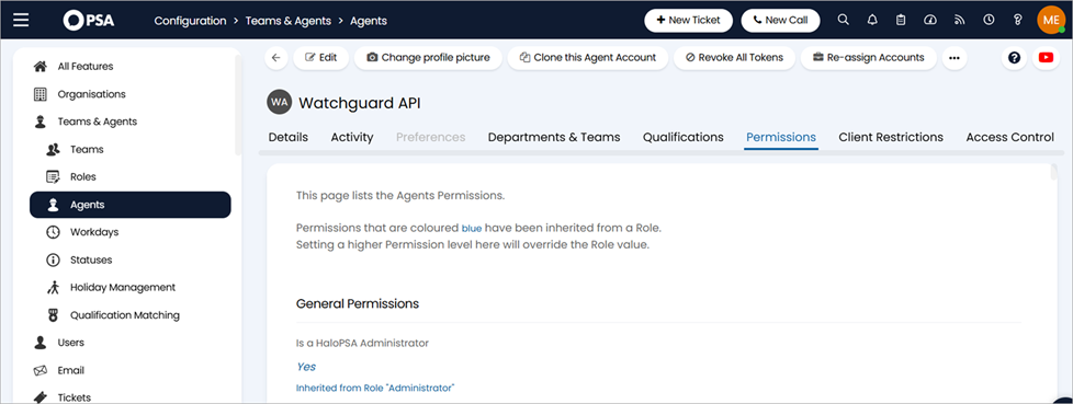 Screenshot of the HaloPSA Agent Permissions tab
