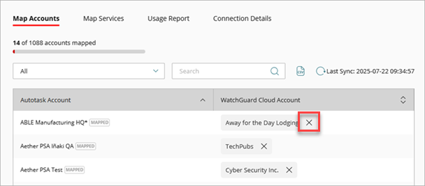 Screen shot of the PSA Integration Map Accounts list with the remove icon