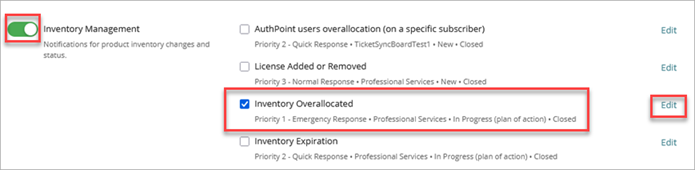 Screen shot of the Inventory Overallocated notification rule