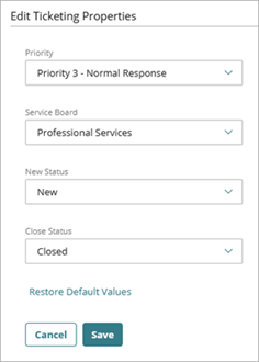 Screen shot of the Ticketing Properties for PSA ticket with ConnectWise