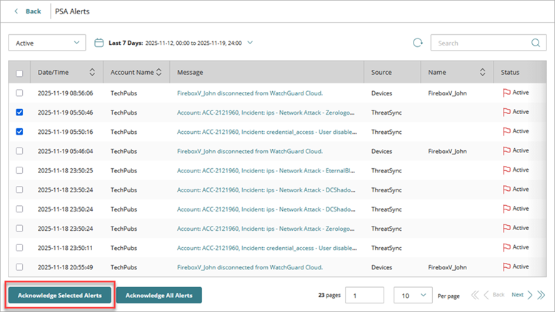 Screenshot of the PSA Alerts page and Acknowledge Selected Alerts button