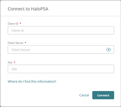 Screen shot of Connect to Halo PSA dialog box
