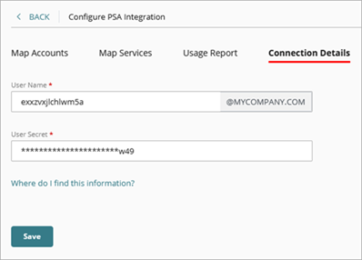 Screenshot of the PSA connection details for Autotask